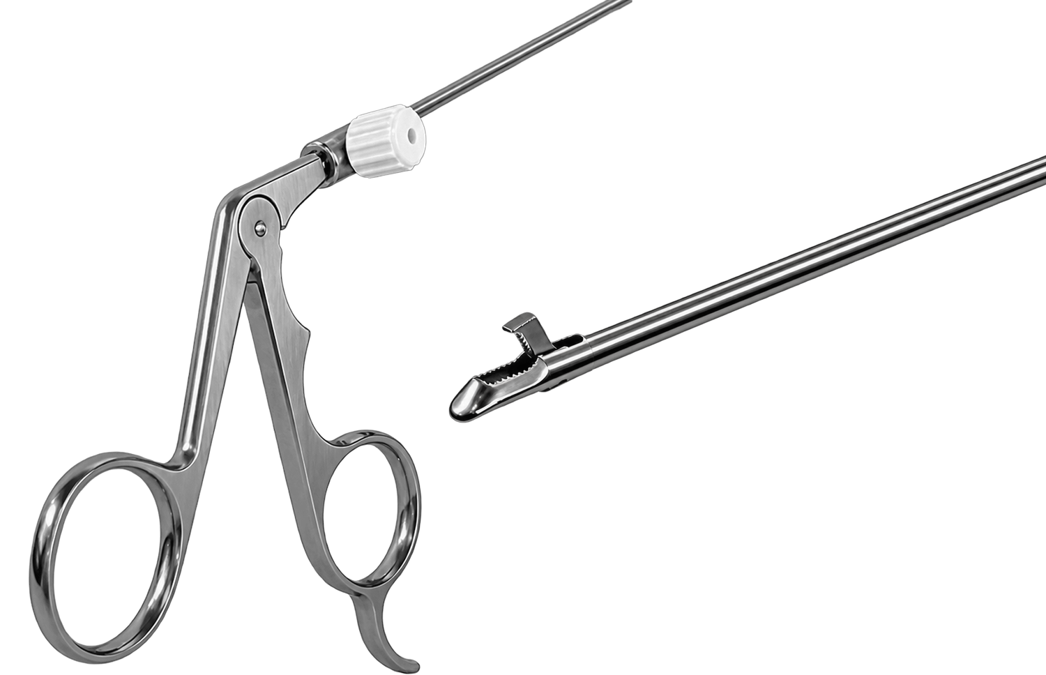 Rohrschaftinstrument von Dausch: Ringgriff mit Spülanschluss, Rohrschaft und Maulteil in der Vergrößerung