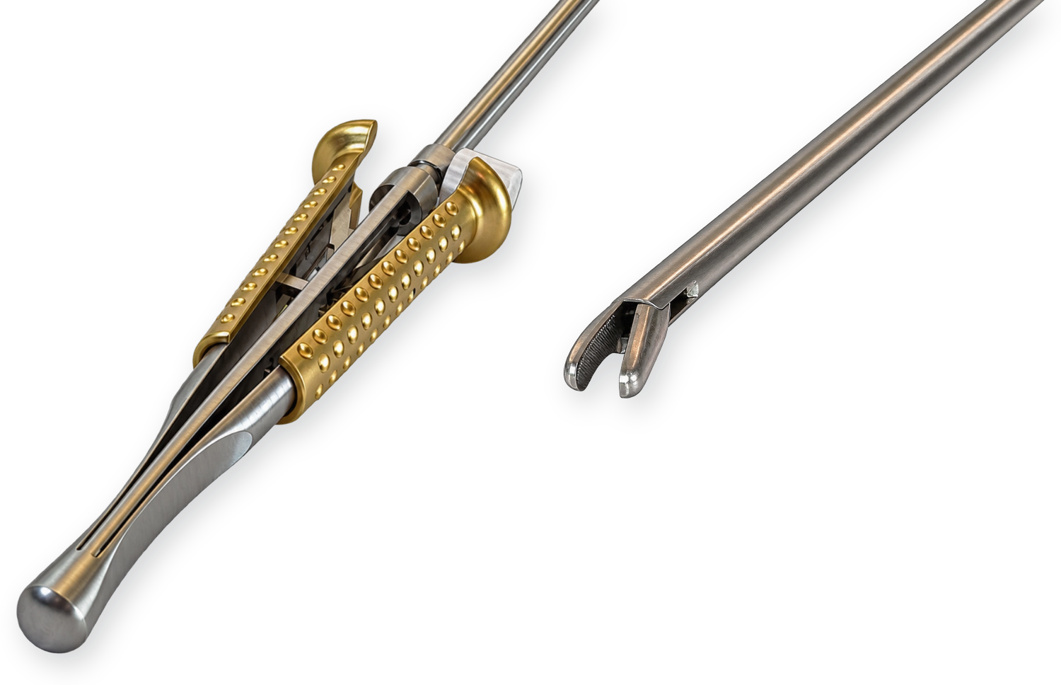 Rohrschaftinstrument von Dausch mit goldfarbenen Griffschalen und Detailansicht des geöffneten Maulteils