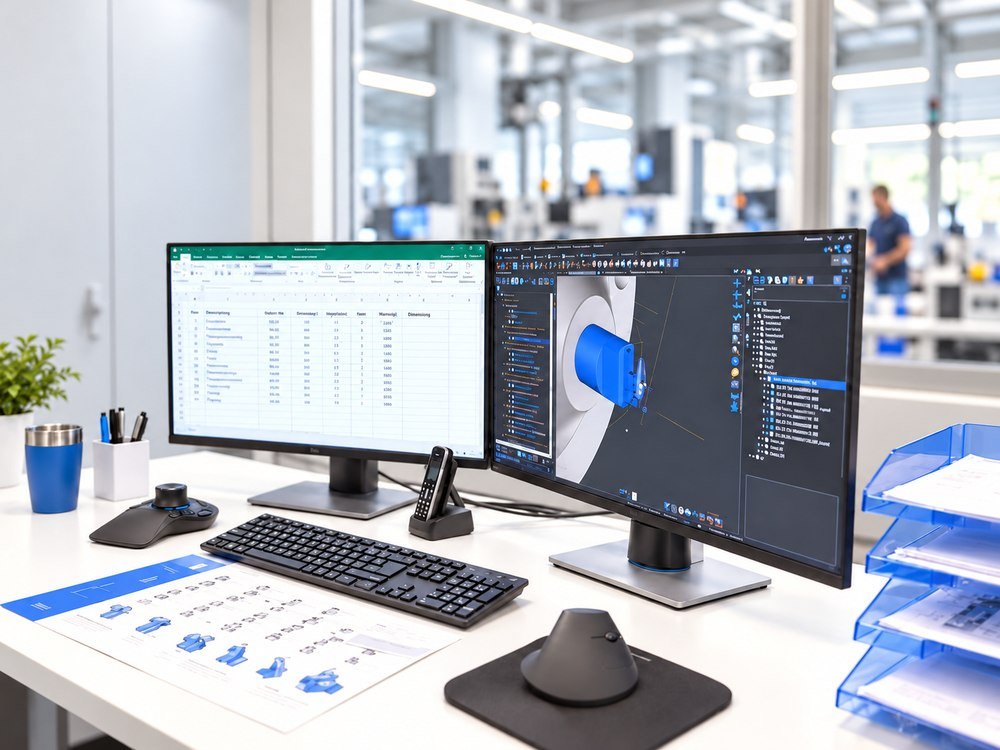 Konstruktionsarbeitsplatz mit CAD-Modell eines Instruments und Stückliste auf zwei Monitoren