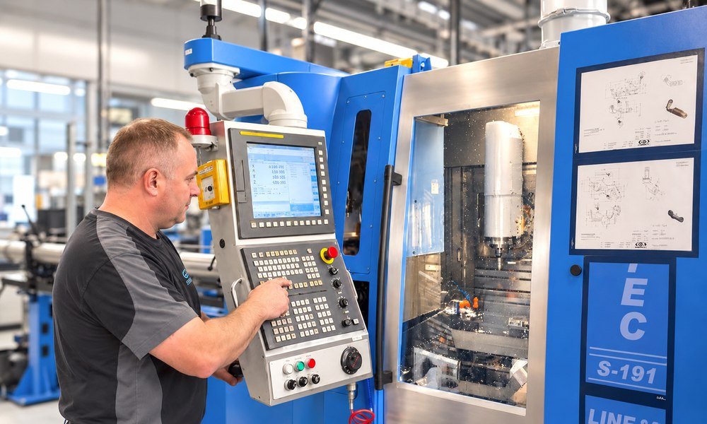 Mitarbeiter an der Steuerung eines CNC-Bearbeitungszentrums
