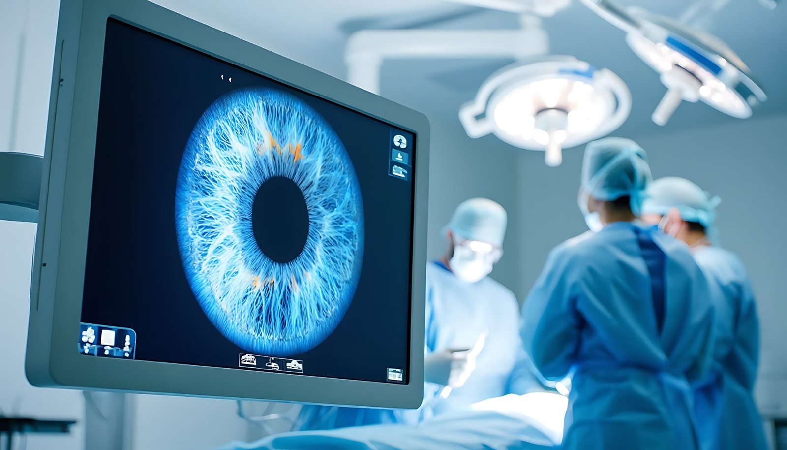 Operationssaal der Augenchirurgie mit Monitorbild des Auges