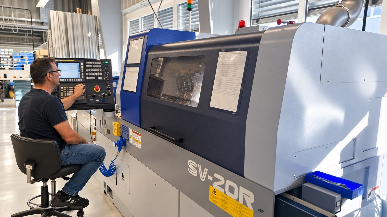 Mitarbeiter an einem CNC-Langdrehautomaten in der Fertigung