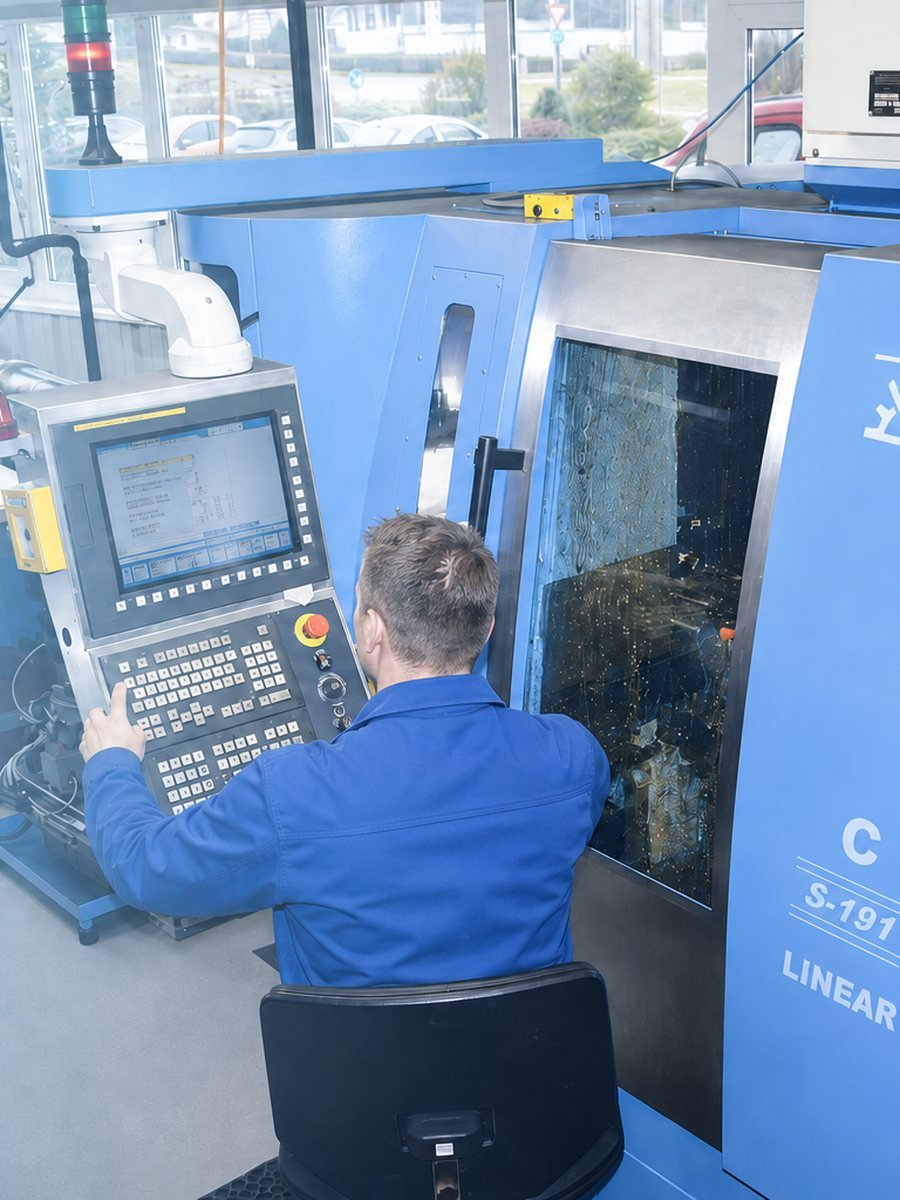 Mitarbeiter bedient eine CNC-Bearbeitungsmaschine